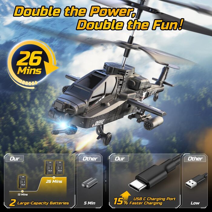 Радіокерований вертоліт DEERC Apache 2.4GHz, 2 акумулятори, 26 хв польоту, LED, стабілізація висоти, автоматичний зліт, чорний – ідеальний подарунок для хлопчиків