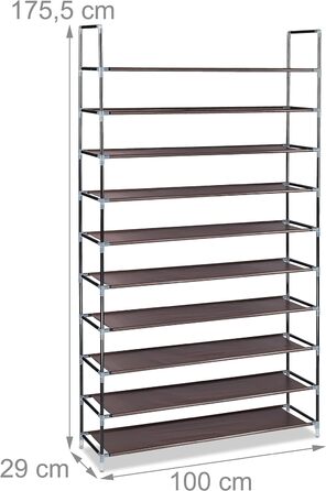Стелаж для взуття Relaxdays, тканинний, 175,5x100x29 см, 10 ярусів, для 50 пар, коричневий, XXL, модульна збірка