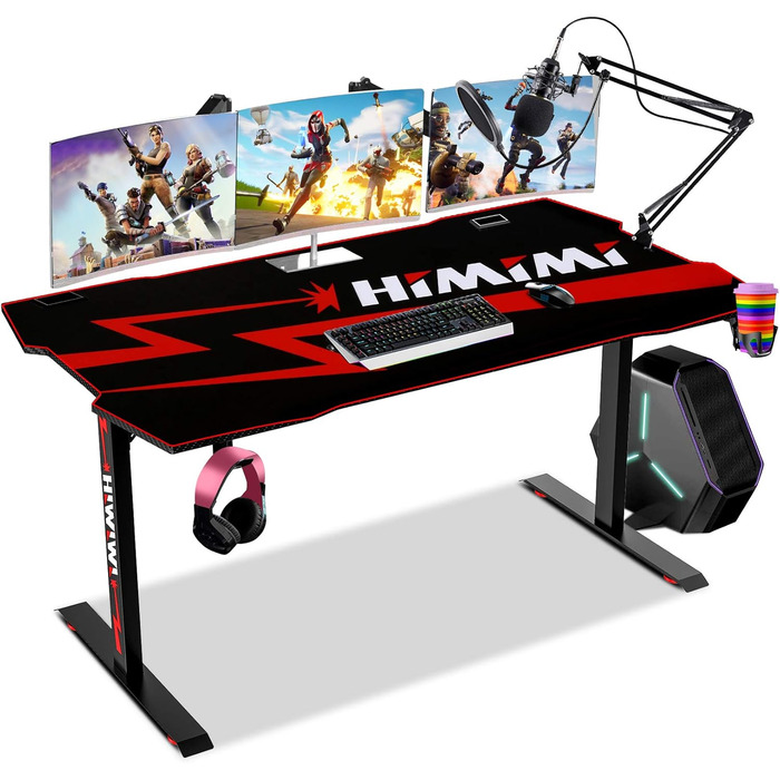 Ігровий стіл Himimi 160x75 см, ергономічний, T-подібний, з підсвіткою, для геймерів, з органайзером для кабелів та тримачем для навушників (Чорний)