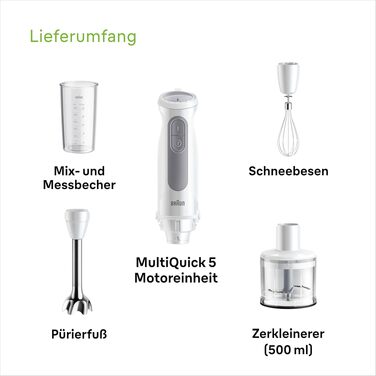 Блендер занурювальний Braun MultiQuick 5 MQ 50236 (білий, 2024) - 1000 Вт, 21 швидкість, нержавіюча сталь, насадки, SplashControl