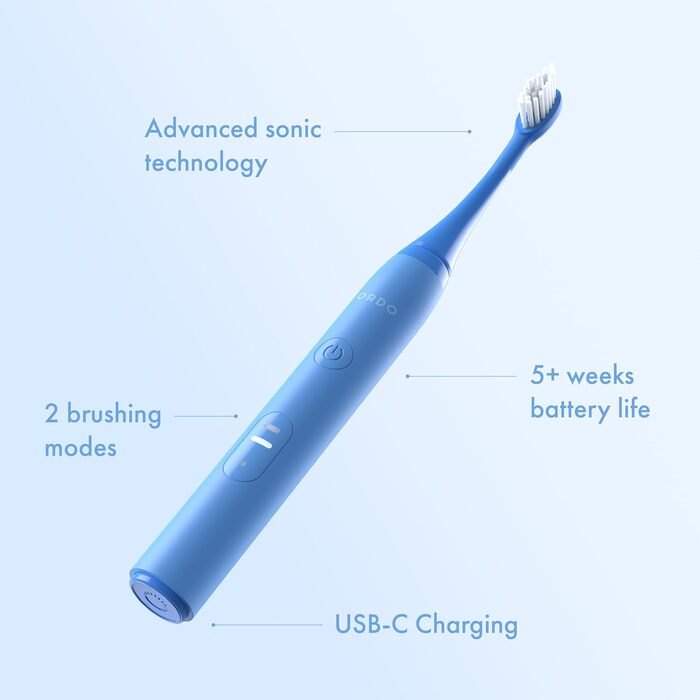 Електрична зубна щітка Ordo Sonic Lite, 35 000 імпульсів/хв, для дорослих, 5+ тижнів роботи, USB-C, блакитна