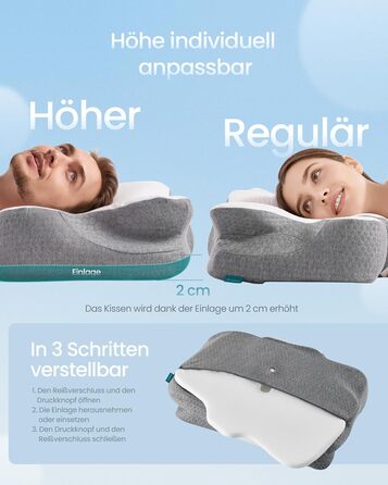 Ергономічна подушка SONGMICS з ефектом пам'яті (Memory Foam), регульована за висотою, для сну на боці, спині та животі, біло-сіра TBP051GZ02