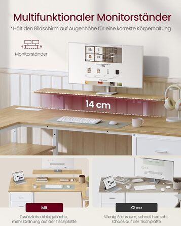 Кутовий комп'ютерний стіл VASAGLE L-подібний з розетками, 4 шухляди, USB, 160x80 см, колір натуральний дуб LWD173KD01