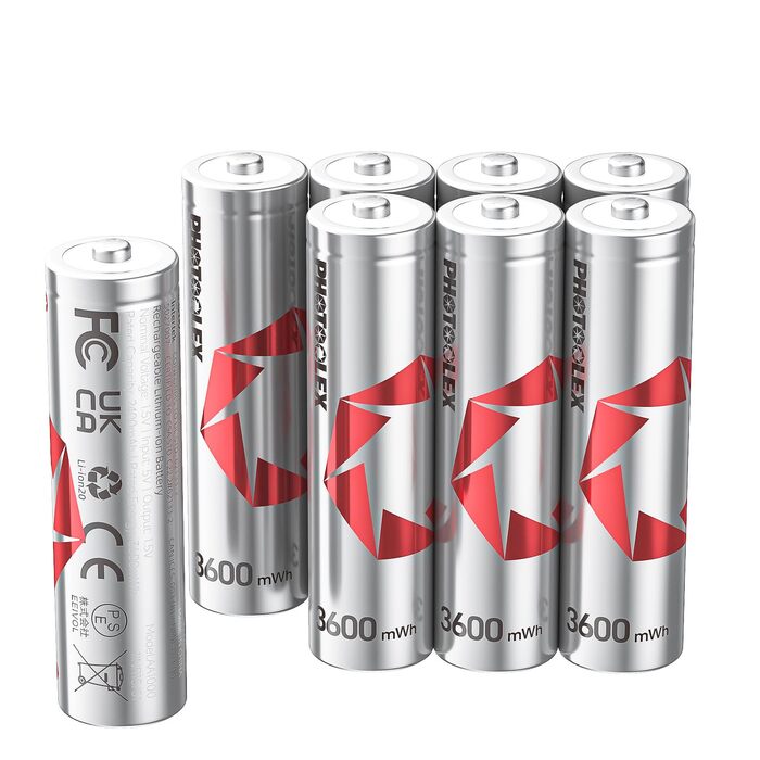 Акумулятори PHOTOOLEX AA 1.5V 3600mWh, комплект 8 шт. з кейсом для зберігання, високої ємності, перезарядні літієві батарейки (без зарядного пристрою)