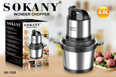 М'ясорубка-подрібнювач Sokany SK-7028 800W з чашею 4л, електричний подрібнювач для м'яса, овочів, фруктів з 2 швидкостями та 4 лезами