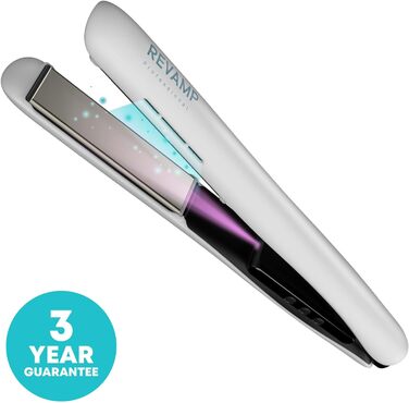 Керамічний випрямляч для волосся Revamp Progloss Ion Shine з іонною технологією, інфрачервоним нагрівом, збагачений кератином, аргановою та кокосовою олією, регулювання температури, білий