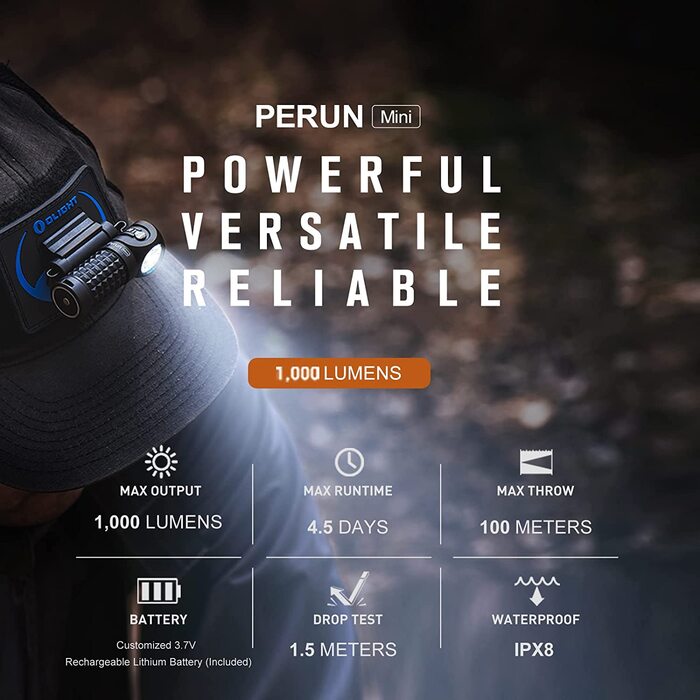 Налобний ліхтар OLIGHT Perun Mini Kit, 1000 лм, LED, USB зарядка, 100 м, 5 режимів, 60° регулювання, для риболовлі, бігу, кемпінгу, чорний