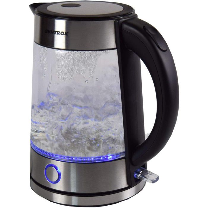 Електрочайник Syntrox Germany WK-2000W, 1.7 л, 2000 Вт, нержавіюча сталь, скляний, бездротовий, з синім LED підсвічуванням