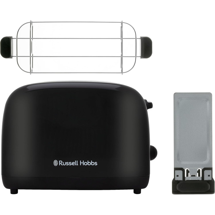 Тостер Russell Hobbs Colours Plus Edelstahl на 2 тости, чорний - з підставкою для булочок, 6 режимів підсмажування, розморожування, функція Lift & Look, 1600 Вт