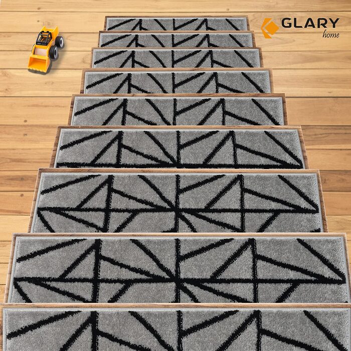 Набір 15 килимків для сходів Glary Home, самоклеючі, 22x71x1,2 см, трикутний візерунок, чорний-сірий