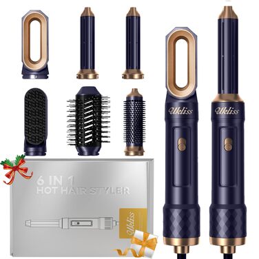 UKLISS Hairstyler 6-в-1: Професійний фен-щітка з насадками для укладки волосся 1000W (білий/темно-синій)