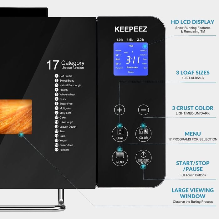 Преміум хлібопекарня Konvektions-Brotbackautomat 710W з керамічною формою, 17 програм, нержавіюча сталь, дозатор горіхів, сенсорне скло, срібляста