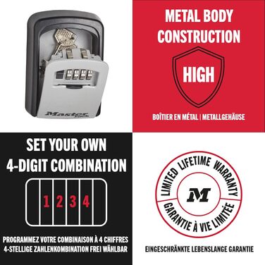 Кейс-сейф для ключів Master Lock Medium з настінним кріпленням для вулиці, металевий захисний бокс (11.9 x 8.5 x 3.6 см)