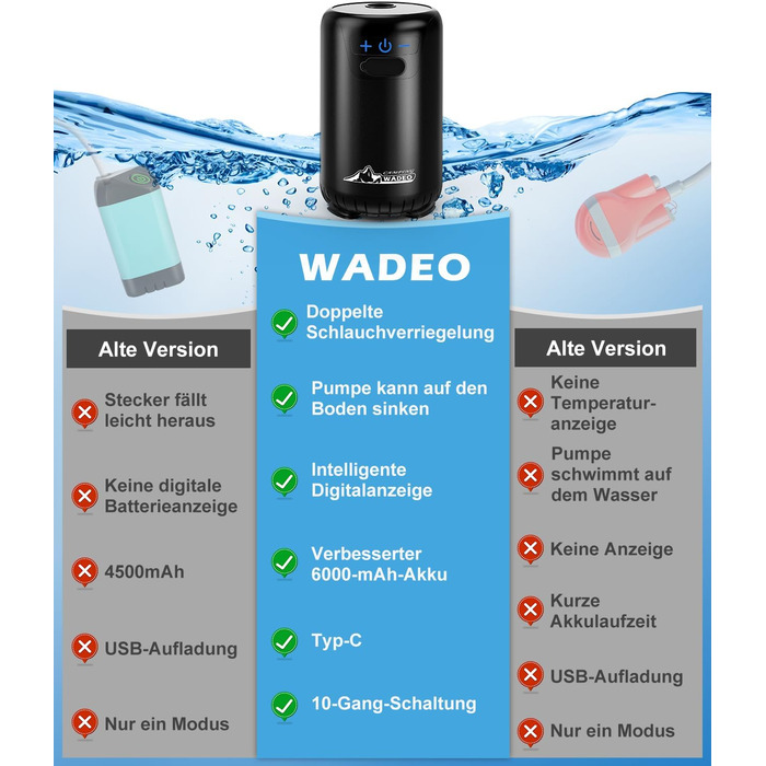 Портативна душова кабіна WADEO для кемпінгу з акумулятором та помпою, 10 режимів, акумулятор 6000 mAh (3 години роботи), подвійний цифровий дисплей, для відпочинку на природі, у саду та в подорожах (чорна)