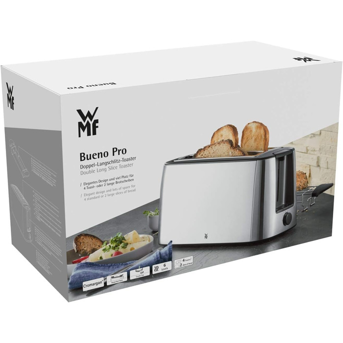 Тостер WMF Bueno Pro для 4 тостів, нержавіюча сталь, з підставкою для булочок, розморожування, підрум'янення, 6 рівнів, стильний дизайн для кухні