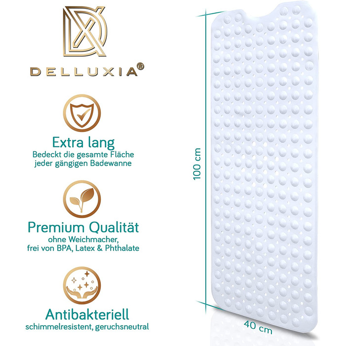 Протиковзкий килимок для ванни Delluxia 100×40 см, білий, BPA Free, з 2 гачками