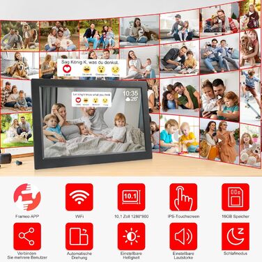 Цифрова фоторамка FRAMEO 10,1 дюйма з Wi-Fi, 1280 x 800 HD IPS LCD сенсорний екран Smart Cloud Photo Frameo з 16 ГБ пам'яті