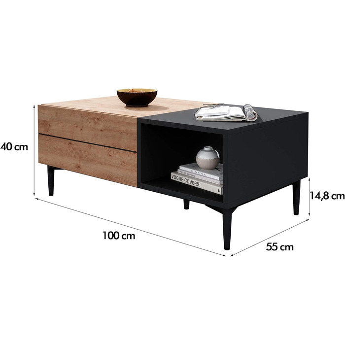 Журнальний стіл Newfurn чорний, дикий дуб, вінтаж індастріал, 100x40x55 см, для вітальні, у стилі лофт