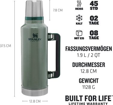 Термос Stanley Classic Legendary 1.9 л, нержавійка, зелений, тримає тепло/холод до 48 годин, BPA-free, можна мити в посудомийці