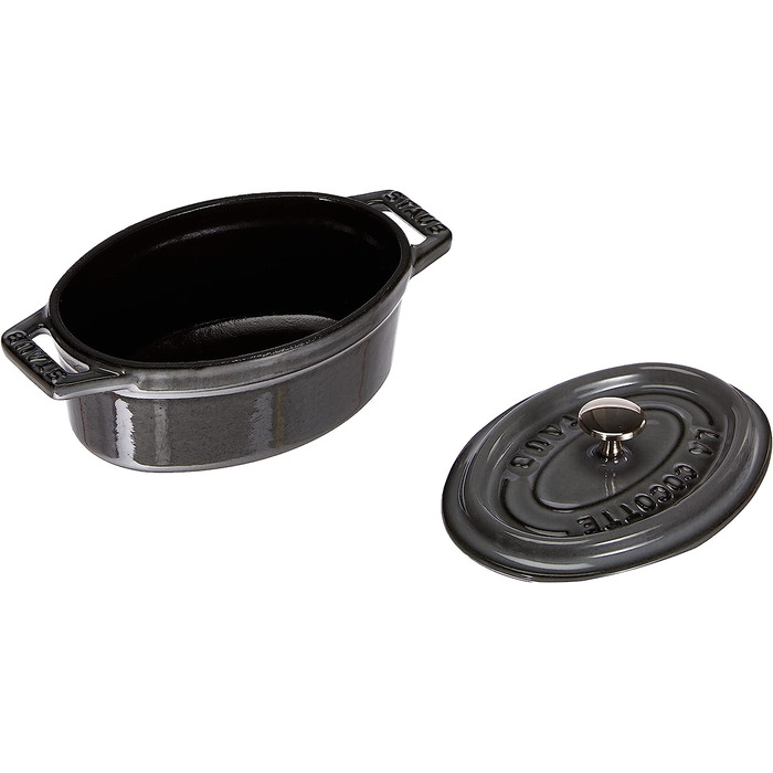 STAUB Міні-кокот овальний з кришкою, 11 см, 0,25 л, для індукції, матова чорна емаль всередині, графітово-сірий
