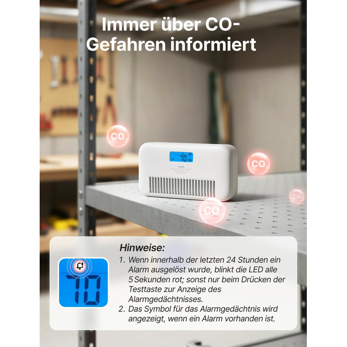 Детектор чадного газу X-Sense XC0M-iR з голосовим сповіщенням, дисплеєм температури та вологості, цифровим індикатором пікового рівня CO, зі змінною батареєю (автономний)