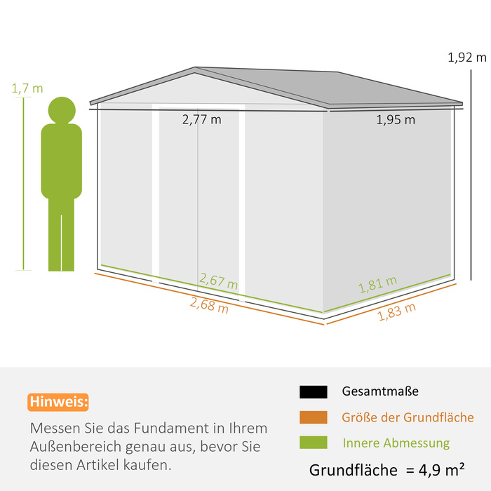 Садовий сарай з оцинкованої сталі 4,9 м² 277x195x192 см садовий сарай з двосхилим дахом, фундаментом, розсувними дверима, що замикаються, стійким до погодних умов садовим сарайчиком, відкритим садовим сараєм для заднього двору темно-сірий