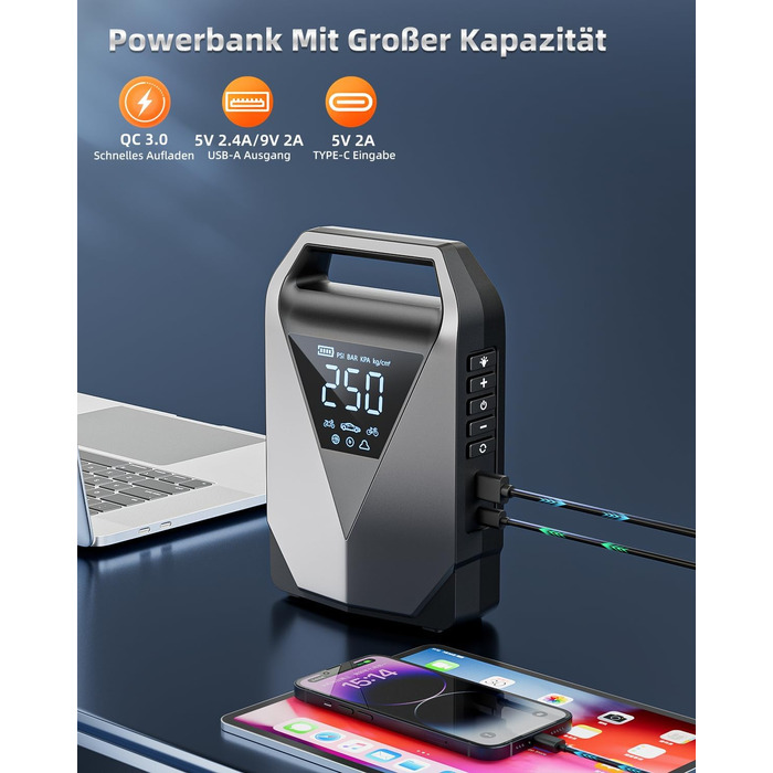 Пусковий пристрій Powerbank з компресором 6в1, бустер для авто 3000А 150PSI для 12В акумуляторів, автозапуск з LCD-екраном, QC3.0 та LED-ліхтарем (для всіх бензинових та дизельних двигунів до 8л)