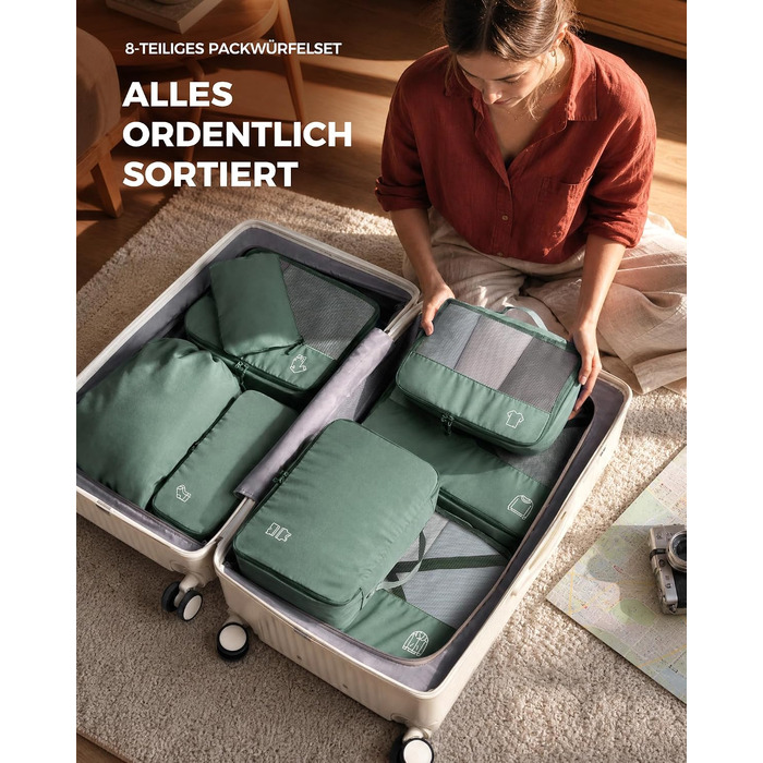 Набір органайзерів для валізи та рюкзака Packing Cubes, 8 предметів, сіро-зелений — дорожній набір для пакування речей