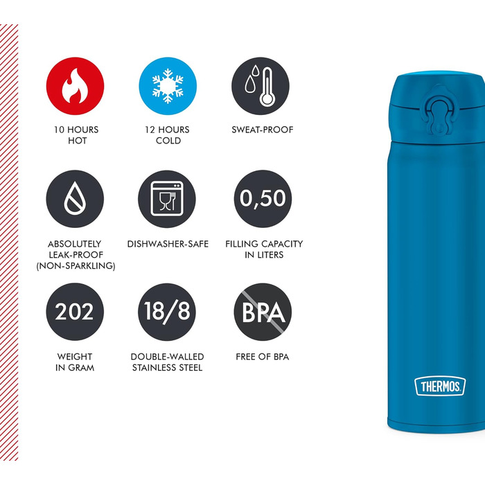 Термос-пляшка Thermos ULTRALIGHT 500 мл з нержавіючої сталі, блакитна, зберігає тепло до 10 годин та холод до 20 годин, герметична, для води, чаю та напоїв