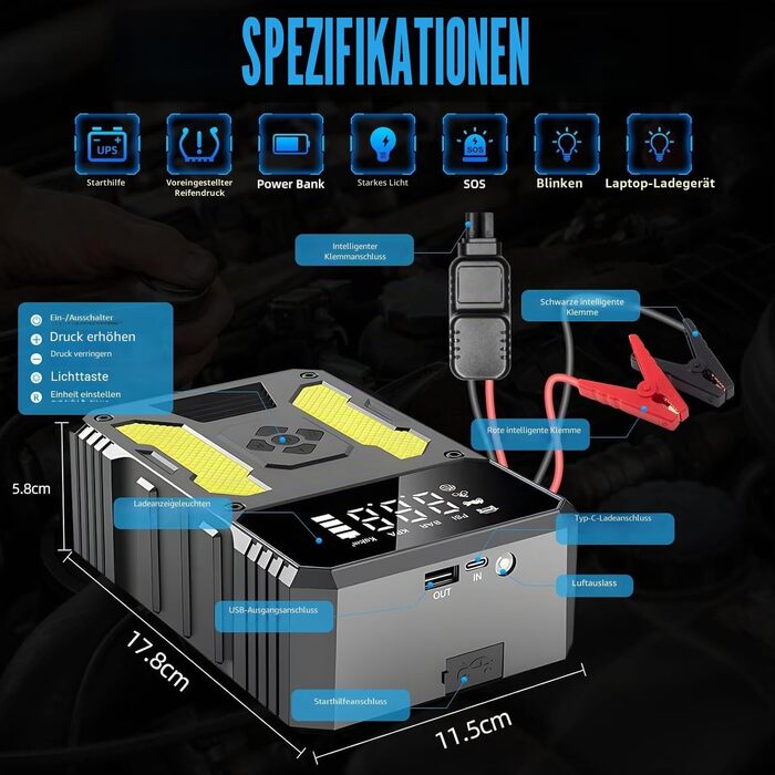 Пусковий інвертор (бустер) для авто з компресором 6000А, портативний Jump Starter Powerbank з LED-ліхтарем та дисплеєм, жовтий