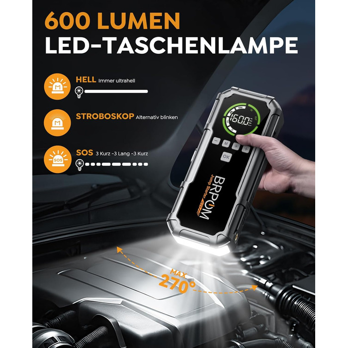 Powerbank Starthilfe BRPOM для автомобіля з компресором 160PSI, 8000A, 26800mAh, для бензинових та дизельних двигунів (12.0L), стартер, LED-ліхтар 600LUM, сріблясто-сірий