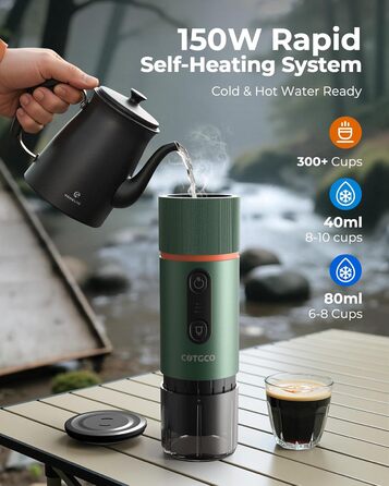 Портативна кавомашина для еспресо COTGCO 20 bar з акумулятором 13500mAh | Сумісна з Nespresso | Для кемпінгу, авто, офісу (зелена)