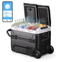 Автомобільний компресорний холодильник 50л з Bluetooth, 12/24/230V, подвійне регулювання температури (-20°C до 20°C), колеса, перегородка, тихий (45 дБ) для авто, кемпінгу, каравану