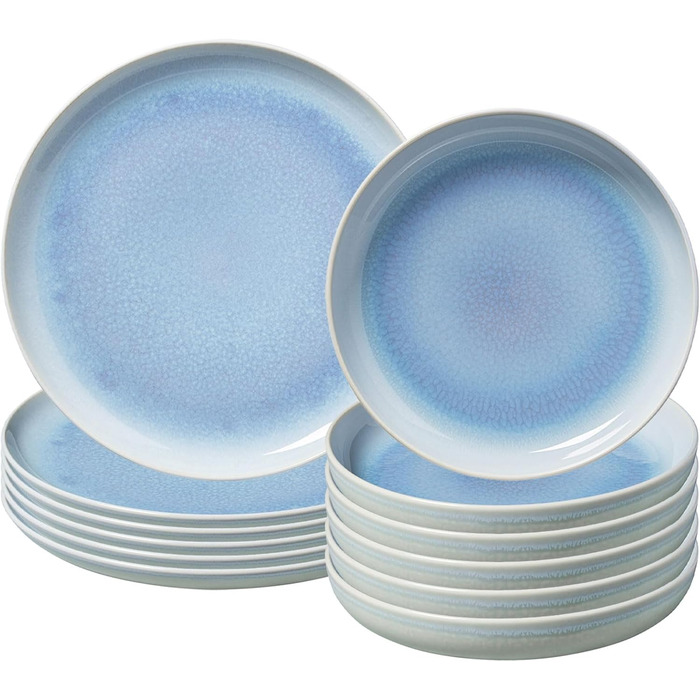 Сервіз столовий Villeroy & Boch Crafted Blueberry, 12 предметів, тарілки для основних страв 25,9 см та супу 21,9 см, реактивна глазур, преміум порцеляна, бірюзовий