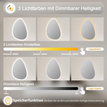 Дзеркало для ванної кімнати з підсвічуванням 65x90 см, LED, 3 кольори світла, сенсорне управління, прямокутна форма, для ванної та вітальні