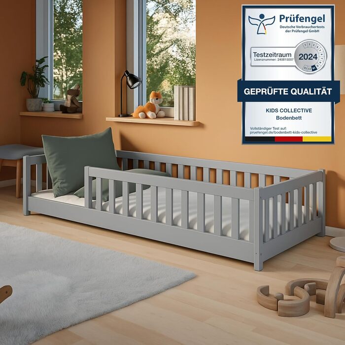 Дитяче ліжко Kids Collective Kinderbett з бортиками та ламелями, 80x180 см, сірий, для дітей від 4 до 18 років