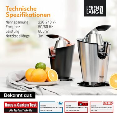 Електрична прес для цитрусових LEBENLANG з нержавіючої сталі, 600W. Включає конус з нержавіючої сталі, не містить BPA. Висока вихідність соку для апельсинів та лимонів. Чорний колір.