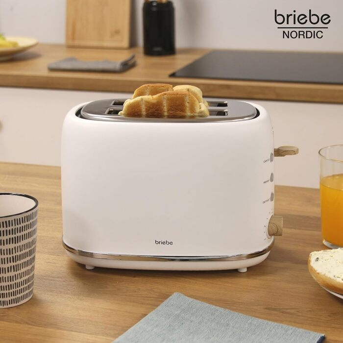 Тостер Briebe Nordic Set 2-слотовий з підставкою для булочок, 6 рівнів підсмажування + Електричний чайник 1.7л 2200Вт, BPA-free, Білий