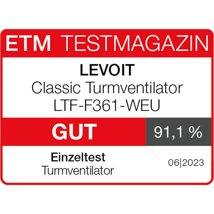 Levoit тихий баштовий вентилятор 28 дБ з дистанційним керуванням, 90° осциляцією, 4 режимами, 5 швидкостями, таймером на 12 годин, для охолодження, білий