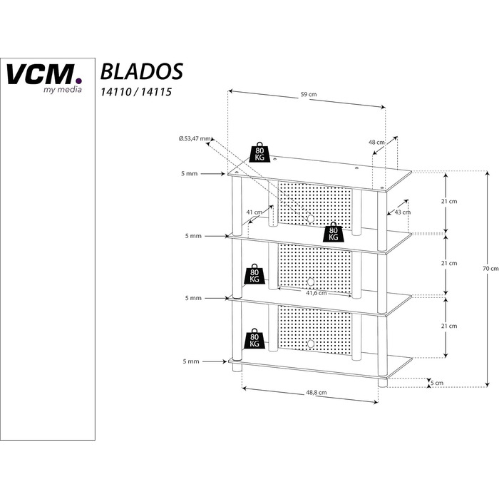 Стенд для Hi-Fi апаратури VCM | Rack-шафа для програвачів та медіа | Алюмінієві стійки, скляні полиці | Розміри 70x59x49 см | Медіа-стійка для програвачів Blados з прозорим склом