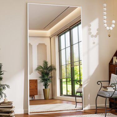 Дзеркало підлогове велике BEAUTYPEAK 76x180 см, повнорозмірне, настінне або підлогове, білий колір, для спальні, вітальні, гардеробної