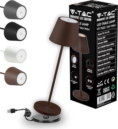 Настільна LED-лампа V-TAC з димером, сенсорним керуванням, акумуляторна, IP54, тепле біле світло 3000K, для дому та вулиці, 4400 мАг, коричнева