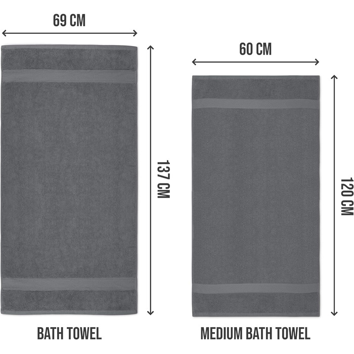Набір рушників Utopia Towels 6 шт, 100% бавовна, 60x120 см, сірі, з петелькою для підвішування, м'які та вбираючі банні рушники