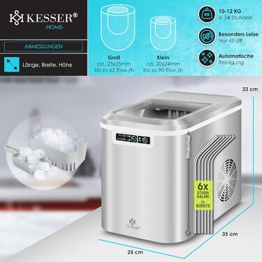 Льодогенератор KESSER з нержавіючої сталі, 12 кг/24 год, 2,2 л, 2 розміри льоду, LED-дисплей, швидке приготування за 7 хв, самочищення, сріблястий