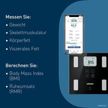 OMRON VIVA – розумні ваги-аналізатор складу тіла з Bluetooth, додатком, вимірюванням жиру, ваги, вісцерального жиру, м’язової маси, базального метаболізму та ІМТ; для 4 користувачів, тонометр з Bluetooth; рейтинг 'Добре' 10/24 від Stiftung Warentest