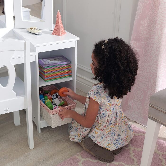 Дитячий туалетний столик KidKraft Deluxe з дзеркалом і стільчиком, білий, дерев'яний, для дітей, з шухлядами, меблі для дитячої кімнати, 13018