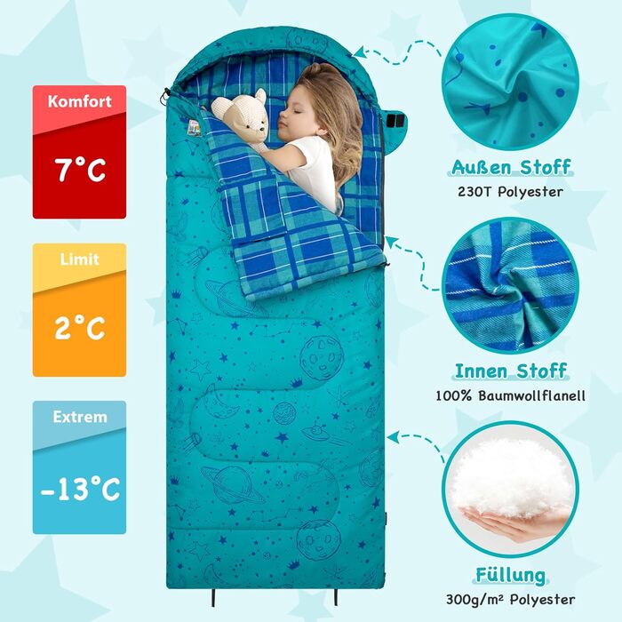 Дитячий спальний мішок KingCamp зимовий, 3-4 сезони, 170x70 см, комфорт 7°C, 1.4 кг для кемпінгу та трекінгу