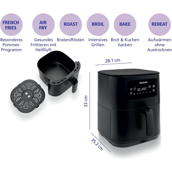 Аерофритюрниця Brabantia Airfryer XL 4-5.7л, 1700 Вт, 8 програм, цифровий сенсорний дисплей, без PFAS, чорна, BBEK1134