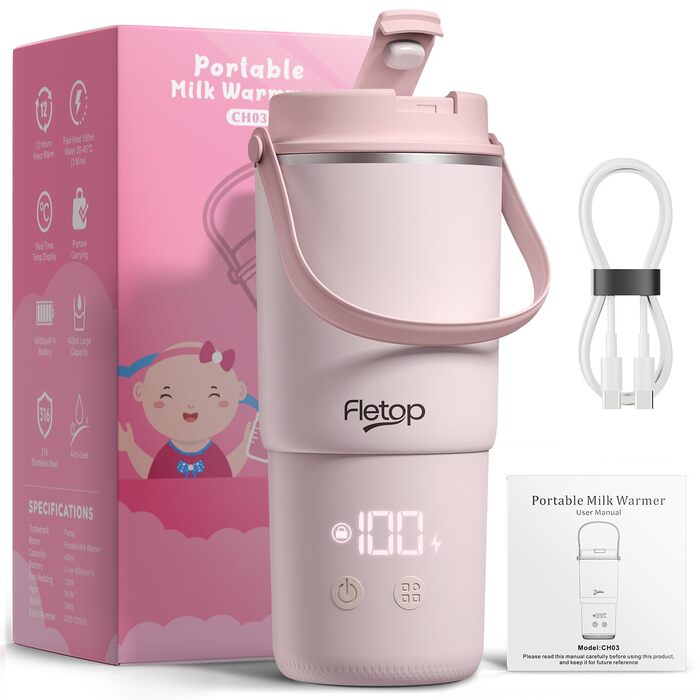 Портативний підігрівач для пляшечок Baby 120W, рожевий: швидкий нагрів за 2 хв, стерилізація паром, 8 режимів, акумулятор 18000mAh для сумішей та грудного молока