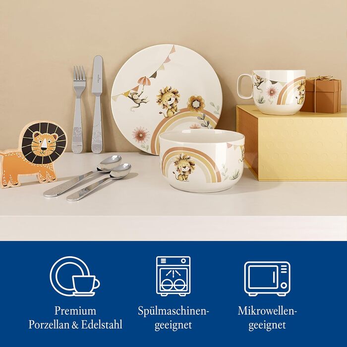 Дитячий посудовий набір Villeroy & Boch Boho Kids 'Roar like a lion' 7 предметів, преміум-посуд з нержавіючої сталі, безпечний для миття в посудомийній машині та використання в мікрохвильовій печі, з зображенням лева та мавпи